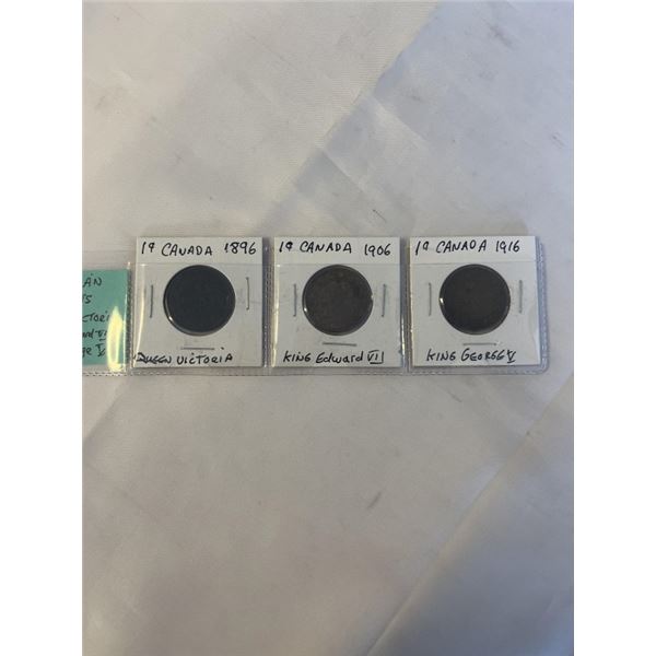 3 CANADIAN LARGE CENTS 1896 VICTORIA, 1906 EDWARD VII, 1916 GEORGE V