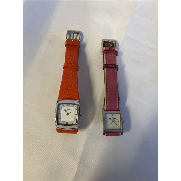 2 SKAGEN DENMARK STEEL QUARTZ WATCHES MODEL NR 855SLO AND 528SSLP BATTERIES REQUIRED