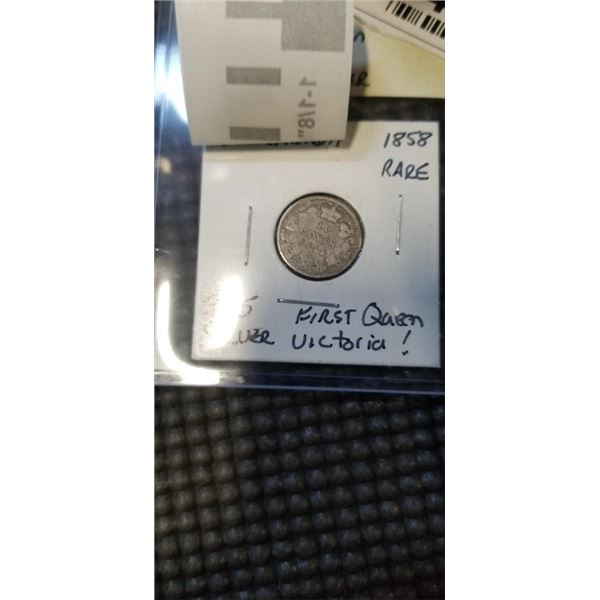 1858 CANADIAN SILVER DIME, FIRST QUEEN VICTORIA .925 SILVER