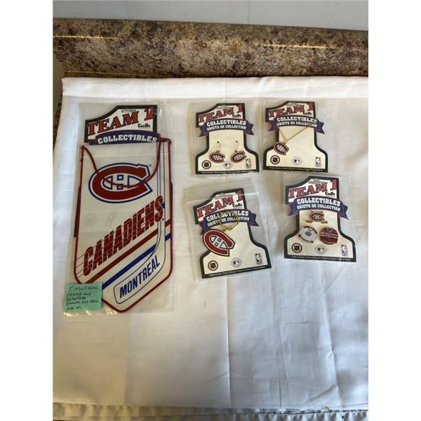 5 MONTREAL CANADIANS HOCKEY COLLECTIBLES - BANNER, KEYCHAIN, NECKLACE, PINS ETC