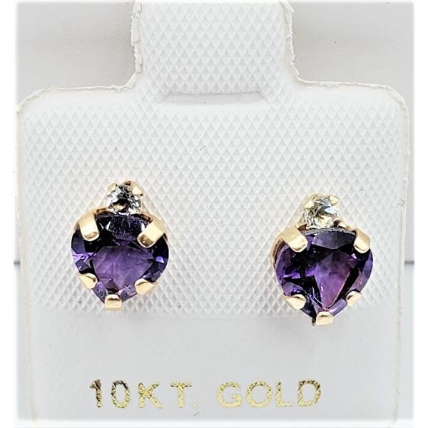 10KT YELLOW GOLD NATURAL AMETHYST (1.5CT) HEART SHAPE EARRINGS, RETAIL $300.00. AMETHYST IS THE BIRT