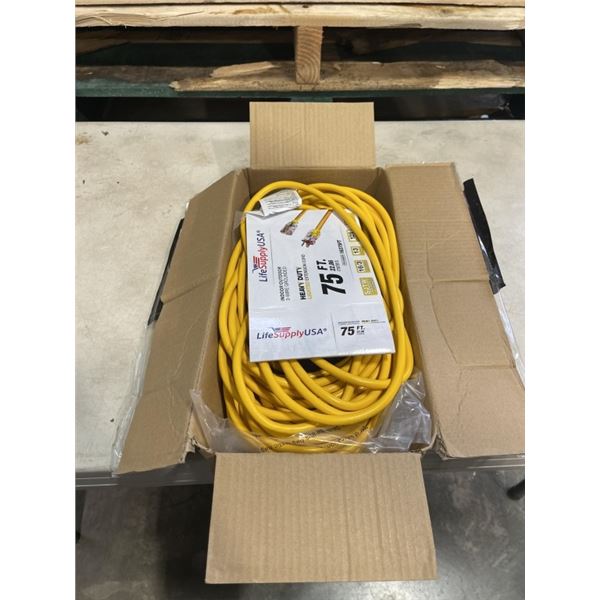 AS NEW 75FT YELLOW  INDOOR OUTDOOR HEAVY DUTY LIGHTED 3 WIRE GROUNDED EXTENSION CORD 16AWG