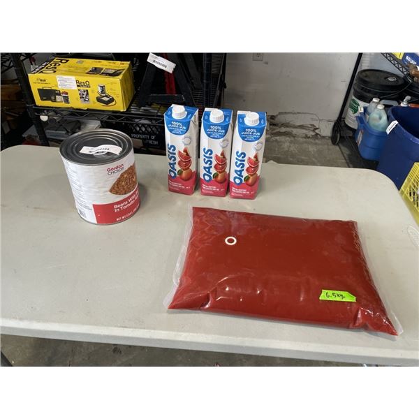 3.5KG BAG OF KETCHUP, 3L GRAPEFRUIT JUICEE, AND 2.84L CAN OF BEANS