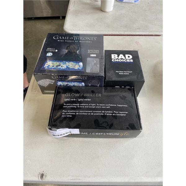 NEW GAME OF THRONES PUZZLE, BAD CHOICES CARD GAME, AND LIGHT UP MAKEUP MIRROR