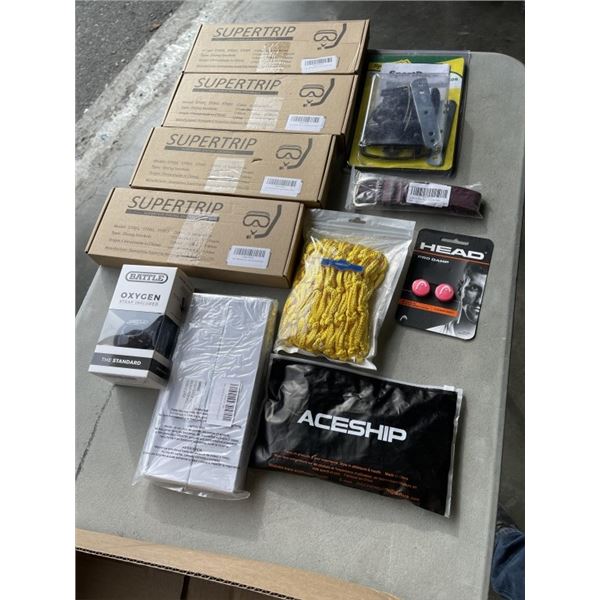 ASSORTED NEW SPORTING GOODS ITEMS, INLCUDING SNORKEL SETS, BASKETBALL NET AND MORE