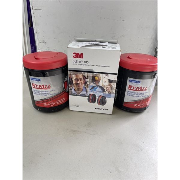 NEW H10 EXTREME PERFORMANCE SERIES EARMUFFS BY PELTOR, AND TWO TUBS OF WYPALL WATERLESS CLEANING WIP