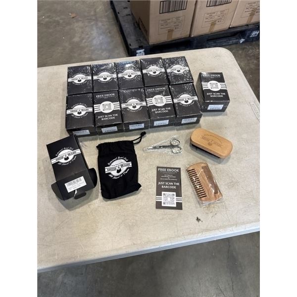 12 NEW GROW A BEARD KITS, EACH KIT INCLUDES WOODEN BRUSH, DOUBLE SIDED COMB, TRIMMING SCISSORS, CARR
