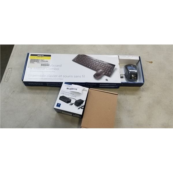 INSIGNIA KEYBOARD AND  MOUSE COMBO, LAPTOP CHARGER, AND 7 PORT USB HUB