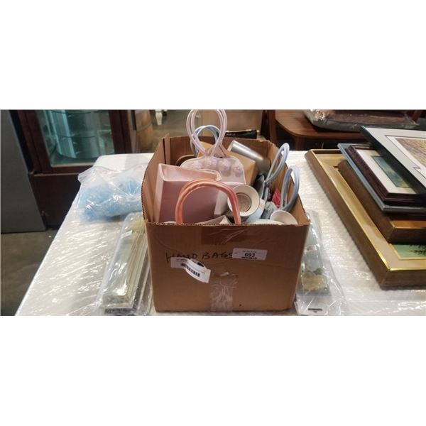 BOX OF BATTERY OPERATED LIGHTS, HAND BAGS AND MINI FRAMES