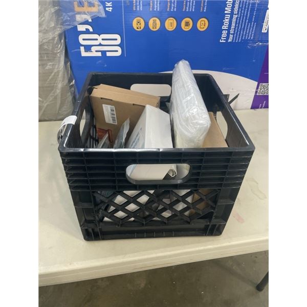 CRATE OF ASSORTED NEW AMAZON OVERSTOCK ITEMS INCLUDING WOOD GAME TOKENS, DICE SETS, FILM PAPER, UNIV