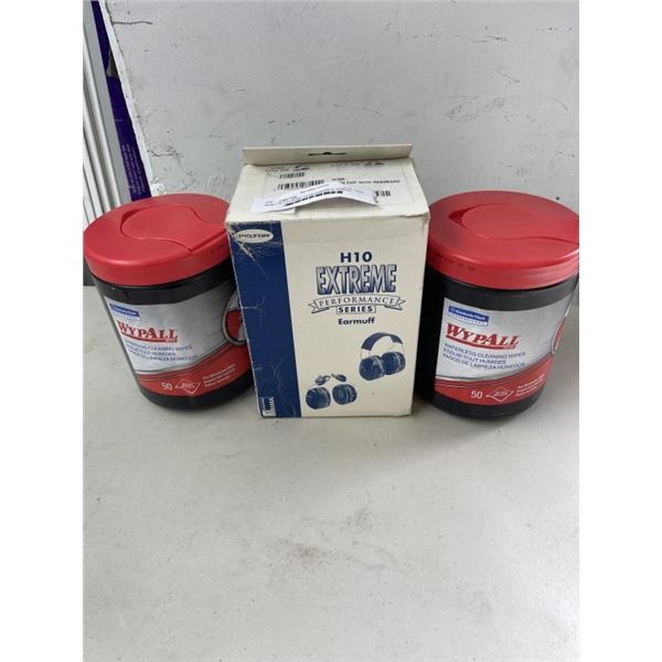 NEW H10 EXTREME PERFORMANCE SERIES EARMUFFS BY PELTOR, AND TWO TUBS OF WYPALL WATERLESS CLEANING WIP