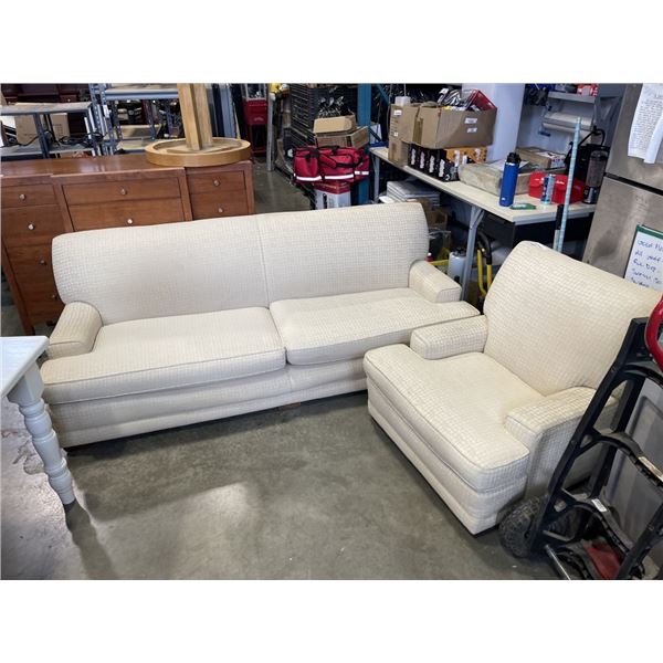 BEIGE UPHOLSTERED SOFA  AND CHAIR