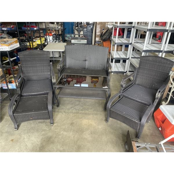 6PC WICKER PATIO SET - 2 CHAIRS W/ OTTOMANS, LOVE SEAT, AND GLASS TOP TABLE