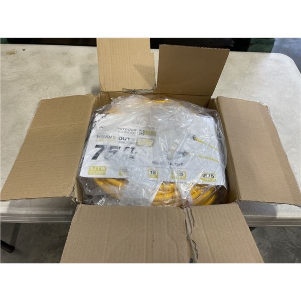 AS NEW 75FT YELLOW 3 OUTLET INDOOR OUTDOOR HEAVY DUTY LIGHTED 3 WIRE GROUNDED EXTENSION CORD 12AWG