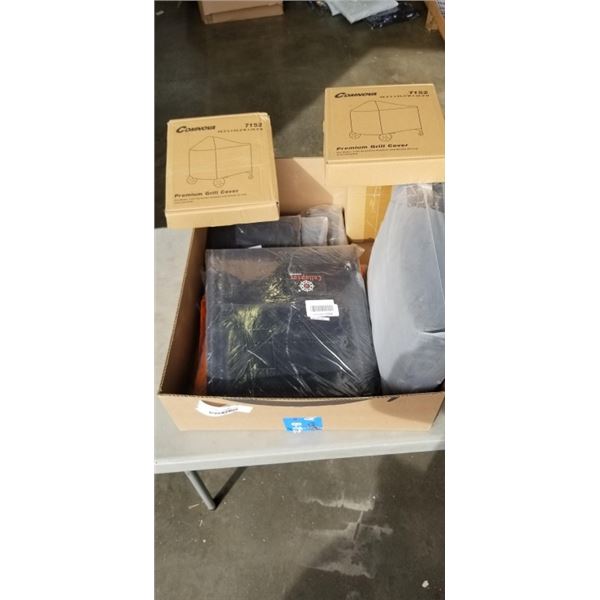 ASSORTED AMAZON OVERSTOCK BBQ AND PATIO FURNITURE COVERS, MOTORCYCLE COVERS ETC