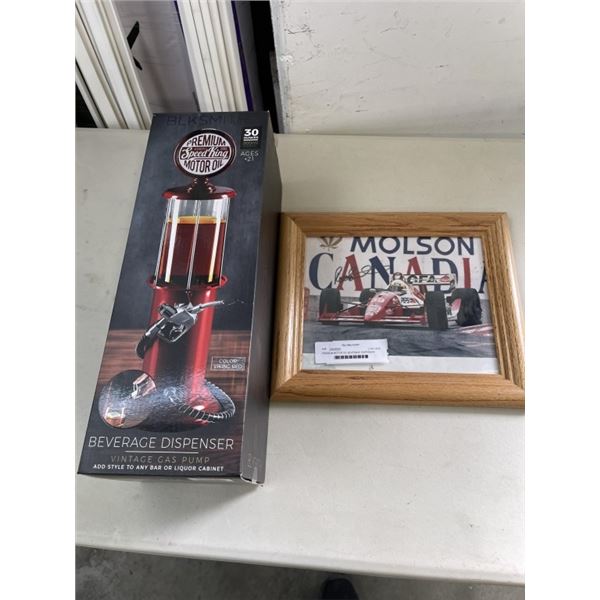 PREMIUM MOTOR OIL BEVERAGE DISPENSER AND FRAMED MOLSON INDY PRINT SIGNED