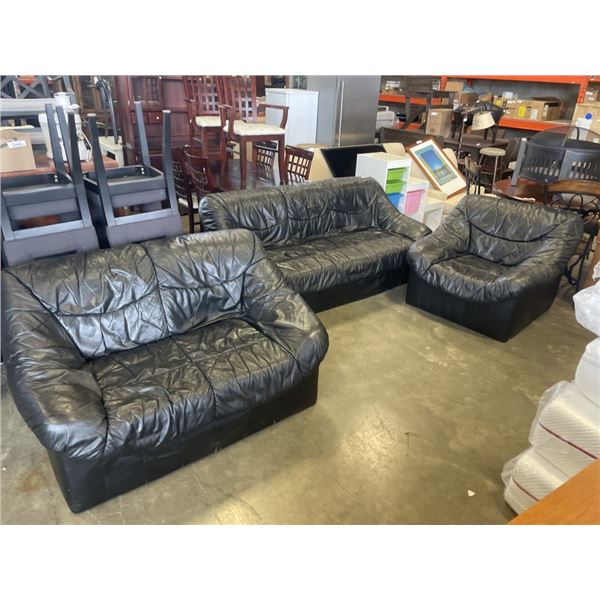 3 PIECE BLACK LEATHER SOFA, LOVESEAT, AND CHAIR