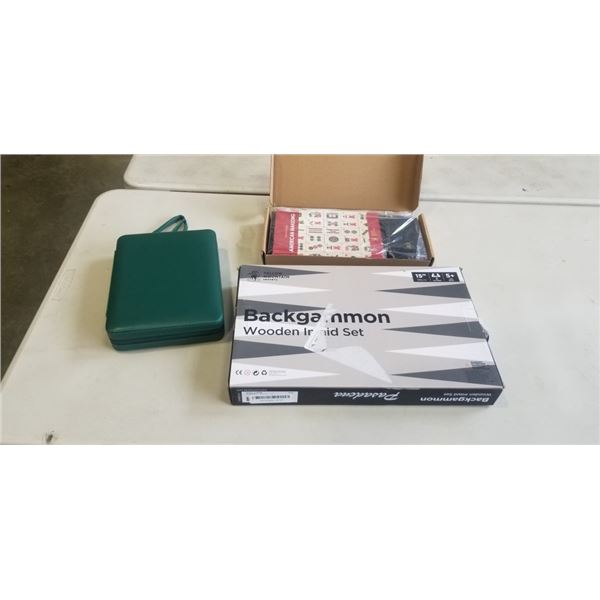 AS NEW YELLOW MOUNTAIN WOODEN INLAID BACKGAMMON SET AND ASSORTED YELLOW MOUNTAIN BOARD GAMES