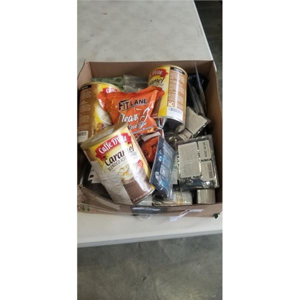 ASSORTED NEW OVERSTOCK FOOD ITEMS INLCUDING 3 TUBS OF CARAMEL BLENDED ICED COFFEE MIX