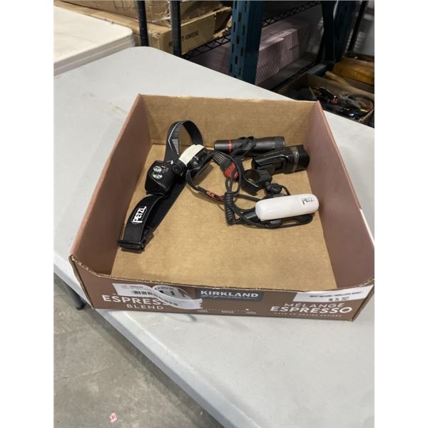 TRAY OF RECHARGEABBLE PETZL HEADLIGHTS AND FLASHLIGHTS