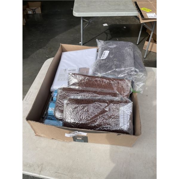 LARGE LOT OF NEW AMAZON OVERSTOCK BATH MATTS, CURTAINS AND ROD HOLDER ETC
