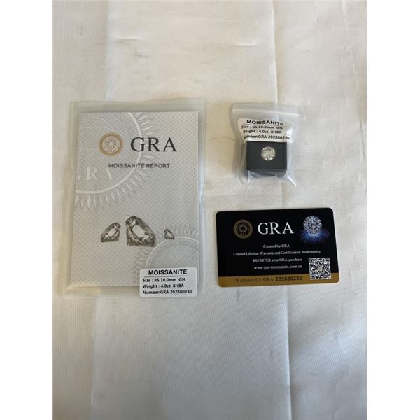 NEW 4.0 CARAT MOISSANITE STONE, ROUND BRILLIANT CUT, GH-VVS1, GRA REPORT, TESTS POSITIVE W/ DIAMOND 