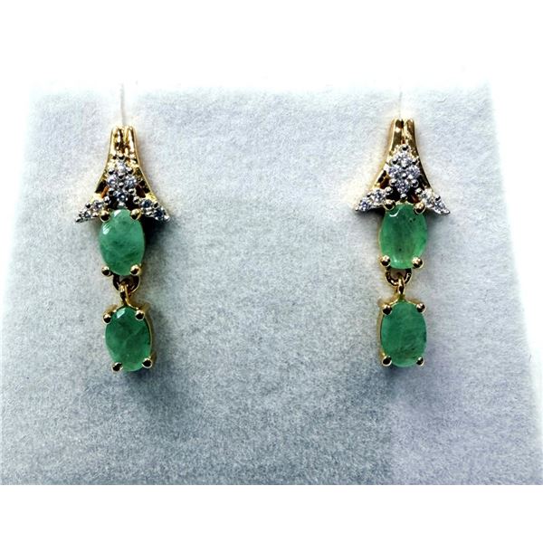 GOLD PLATED STERLING SILVER NATURAL EMERALD (0.96CT) EARRINGS, W/A $1000.00. EMERALD IS THE BIRTHSTO