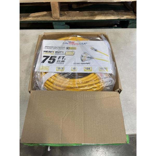 AS NEW 75FT YELLOW 3 OUTLET INDOOR OUTDOOR HEAVY DUTY LIGHTED 3 WIRE GROUNDED EXTENSION CORD 12AWG