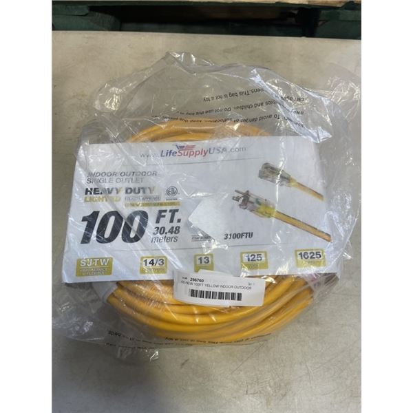 AS NEW 100FT YELLOW INDOOR OUTDOOR HEAVY DUTY LIGHTED 3 WIRE GROUNDED EXTENSION CORD 14AWG