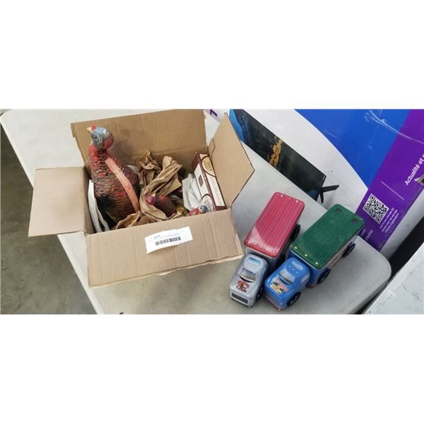 SET OF ANTIQUE LIQUOR DECANTERS , EMPTY, VINTAGE CAPRET KNIFE, 2 TRUCK TINS