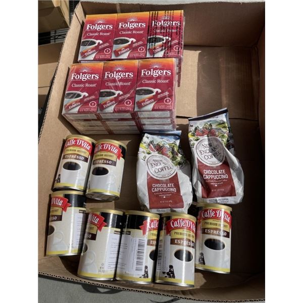 NEW AMAZON OVERSTOCK ITEMS INCLUDING INSTANT ESSPRESSO FOLDGERS INSTANT COFFEE AND 2 BAGS OF GROUND 