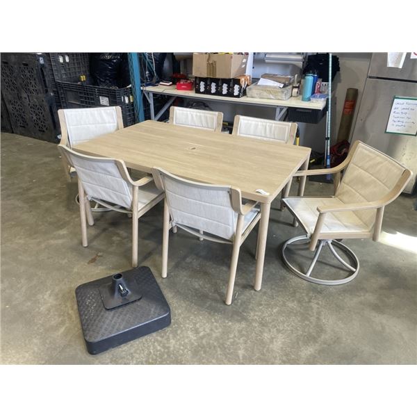 AS NEW CANVAS SAUBLE TAN SLING OUTDOOR DINING SET WITH 2 SWIVEL CHAIRS, UMBRELLA BASE, RETAIL $1199