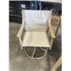 Image 4 : AS NEW CANVAS SAUBLE TAN SLING OUTDOOR DINING SET WITH 2 SWIVEL CHAIRS, UMBRELLA BASE, RETAIL $1199
