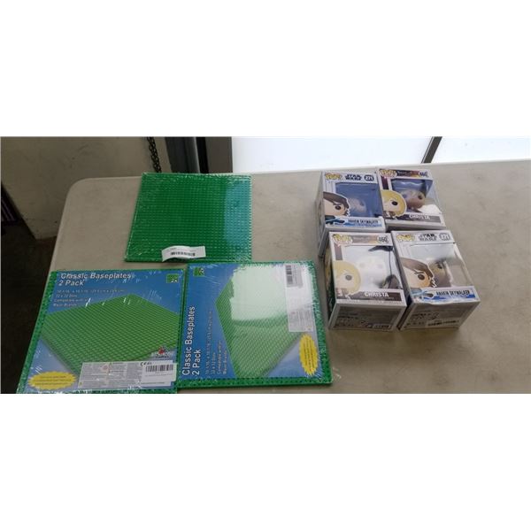 4 NEW FUNKO POP FIGURES, 2 ANAKIN SKYWALKER AND 2 CHRISTA, AND 6 NEW LEGO BASEPLATES