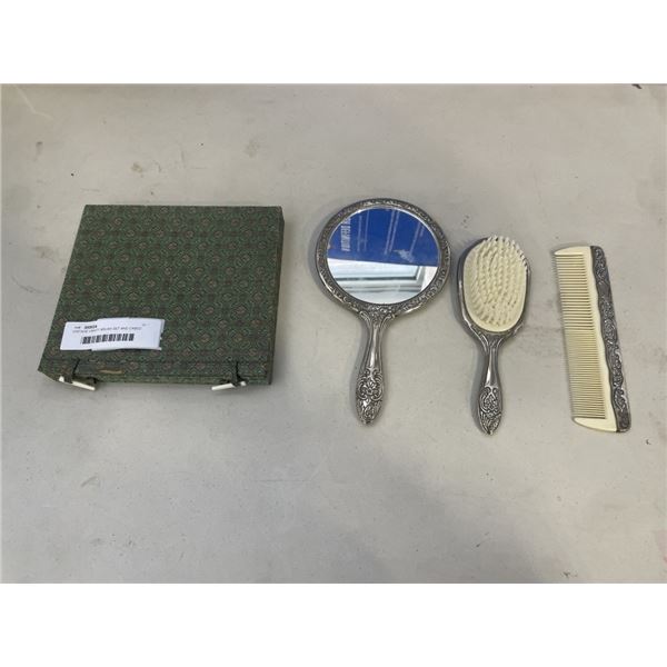 VINTAGE VANITY BRUSH SET AND CASED COMB SET