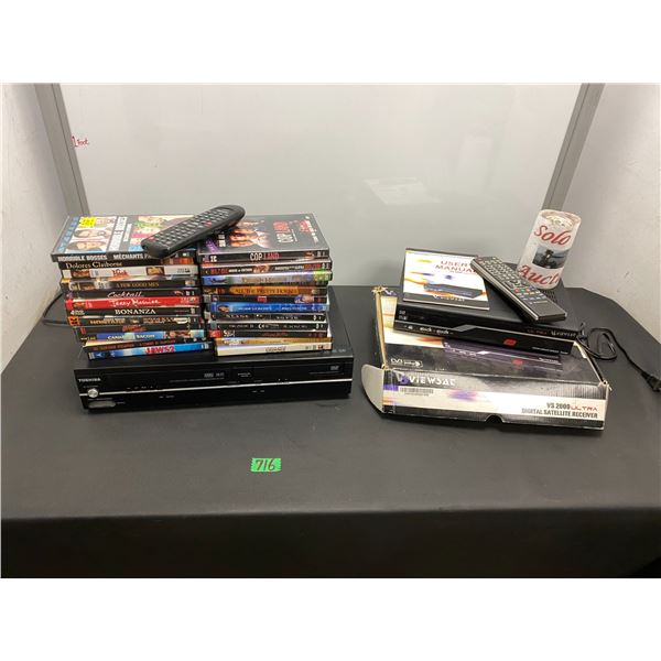 Toshiba brand and Viewsat DVD players both with remote controls with assorted DVD's