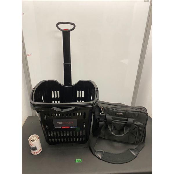 Shopping basket on wheels and small carrier bag