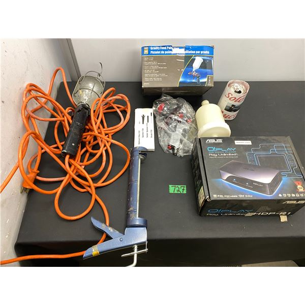 Tools including gravity feed paint sprayer, chalking gun, trouble light, HD media player