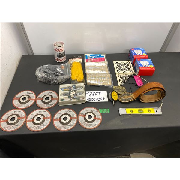 Lot of assorted items including grinding discs, belt, lightbulbs and more