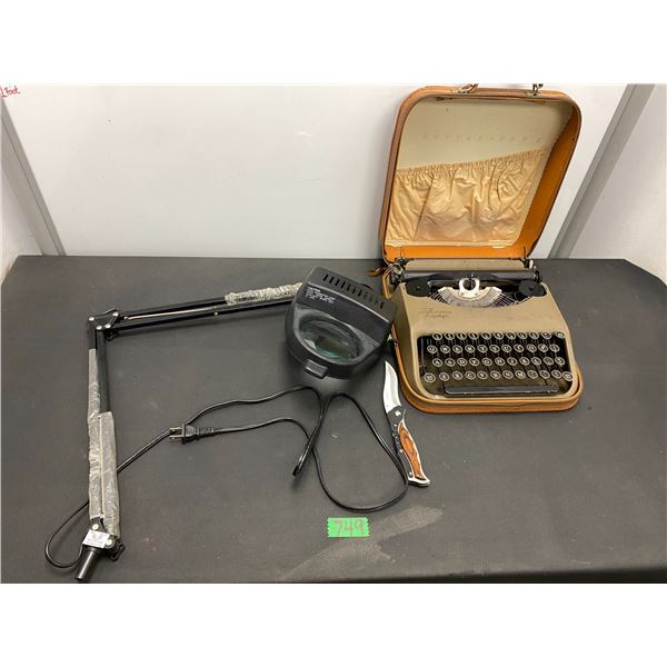 Vintage Corona Zephyr typewriter and magnifier lamp, folding knife by Wappen