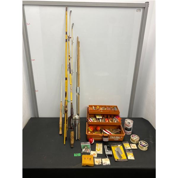 Large lot of fishing supplies including tackle box filled with tackle, reel, fishing poles, line