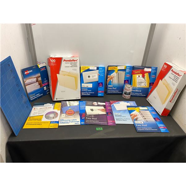 Lot of office supplies including file folders and assorted printable labels
