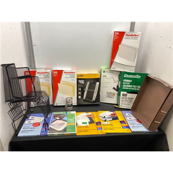 Lot of office supplies including file folders, printable labels and file folder holders