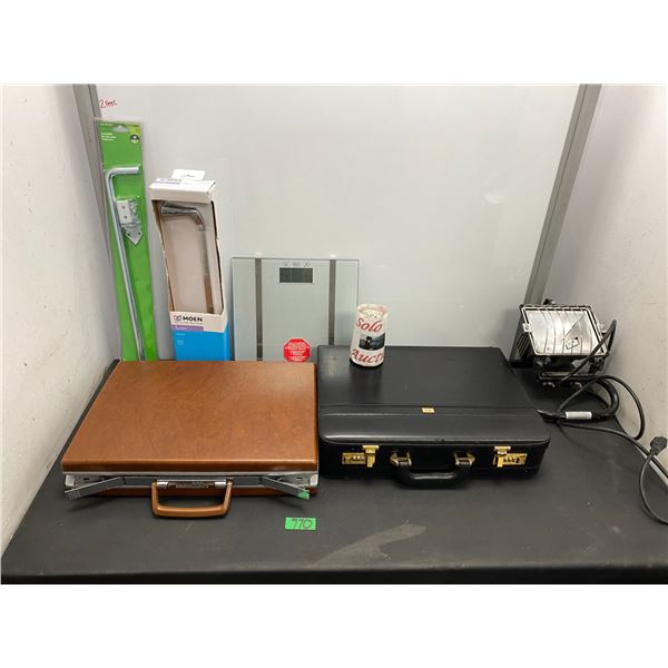 Assorted lot with brief cases, trouble light, curtain rod, towel rack, bathroom scale