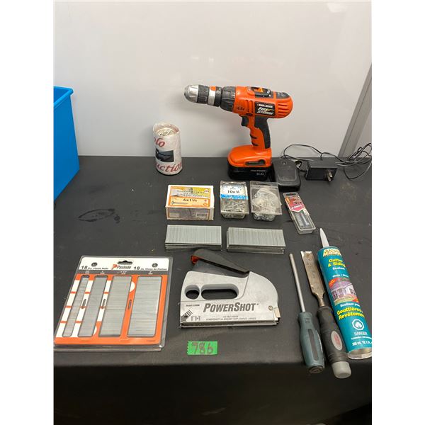 Lot of tools including hand tools and Black & Decker cordless drill with battery and charger