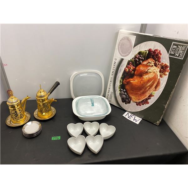 Lot of home items including turkey platter, heart shaped bowls, casserole dish with lid, 2 Arabic co
