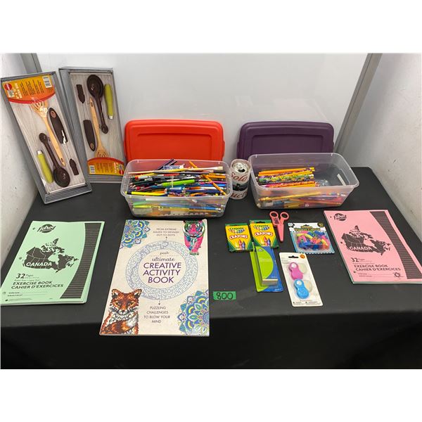 Lot of assorted items including kitchen utensils, art supplies