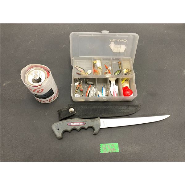 Box of fishing tackle with fillet knife
