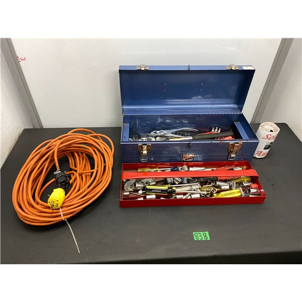 Metal tool box full of hand tools, extension cord