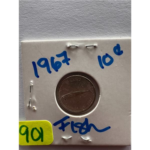 1967 Canadian silver centennial 10 cent coin featuring a mackerel